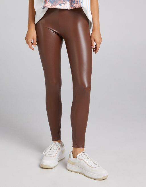 Bershka faux leather legging in brown