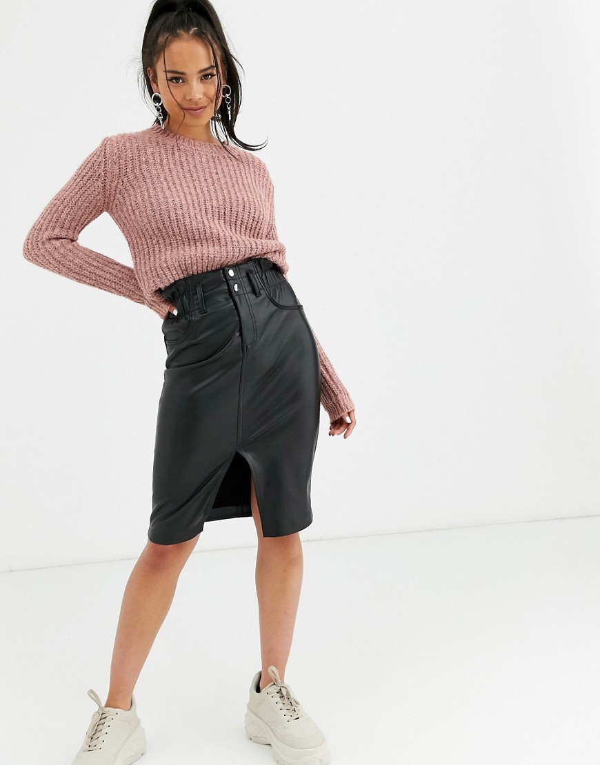 Bershka faux leather midi skirt in black