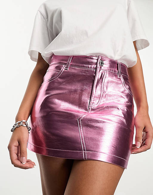 Bershka faux leather mini skirt in metallic pink | ASOS