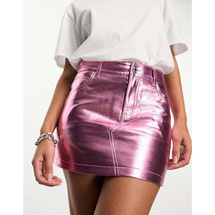 Bershka faux leather mini skirt in metallic pink