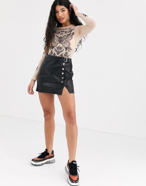 Bershka faux leather mini skirt with button detail in black