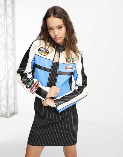 Bershka Worn Faux Leather Bomber Jacket in Blue