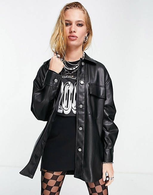 Coats & Jackets Bershka faux leather overshirt in black 