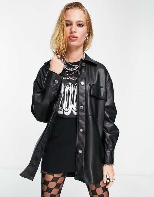 Bershka faux leather overshirt in black