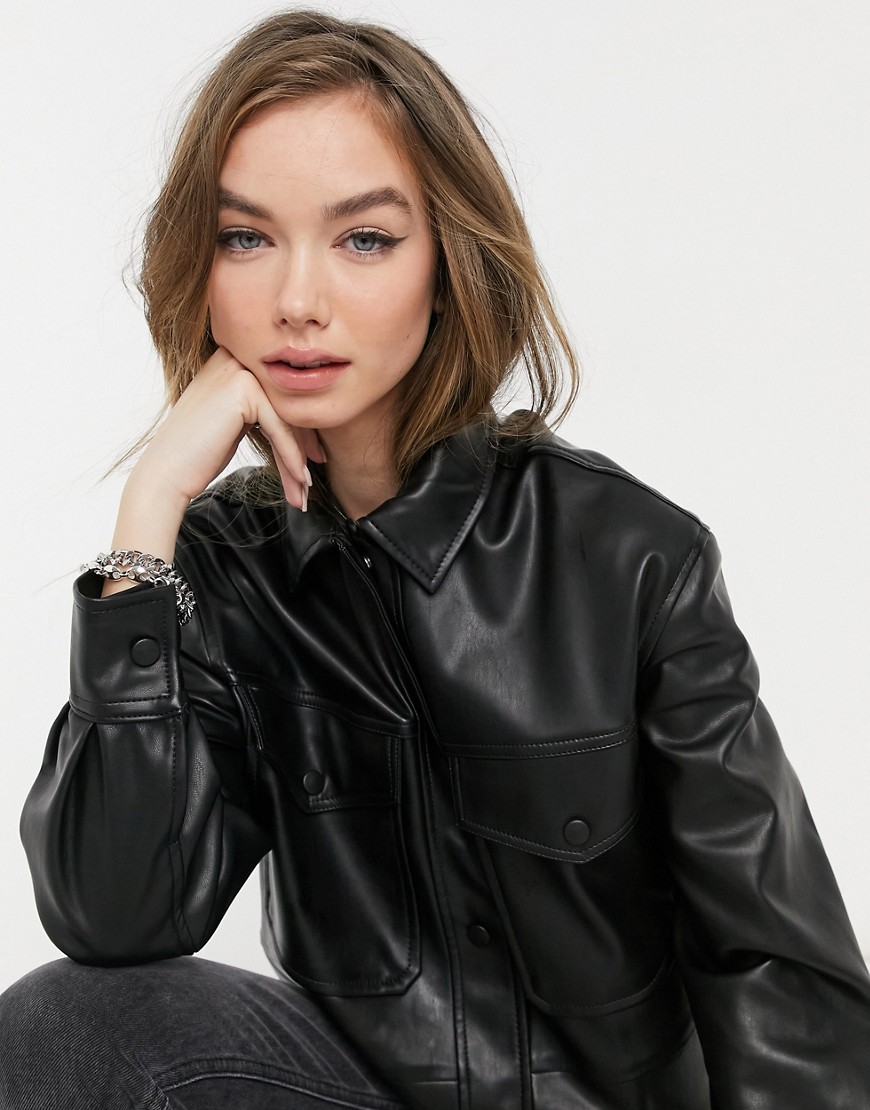 Bershka Faux-leather Overshirt In Black