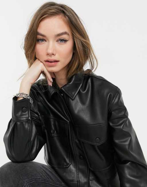 Bershka faux leather motocross jacket in light gray, ASOS