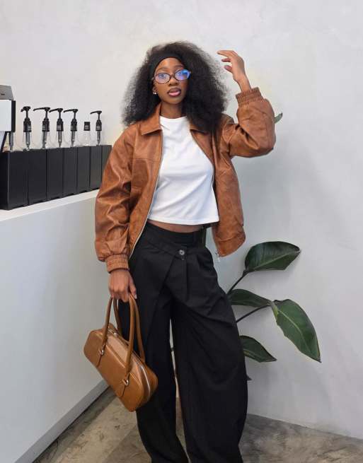 Bershka Faux leather oversize jacket in beige