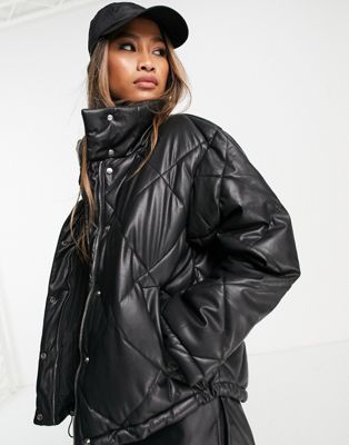 Bershka Faux Leather Oversize Quilted Puffer Jacket In Black-brown ...