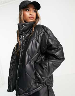 Bershka Faux Leather Oversize Quilted Puffer Jacket In Blackbrown
