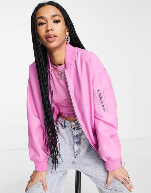 Bershka faux leather oversized bomber jacket in pink