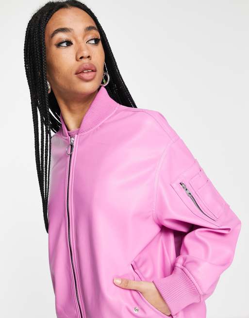 Bershka faux leather oversized bomber in pink | ASOS