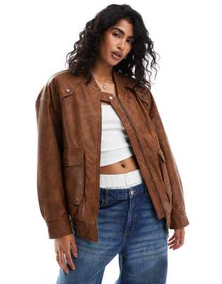 Bershka faux leather oversized bomber jacket in tobacco