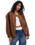 [Bershka] Bershka faux leather oversized bomber jacket in tobacco-Brown L BROWN