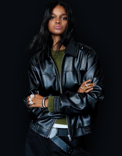 Bershka faux leather oversized jacket in black