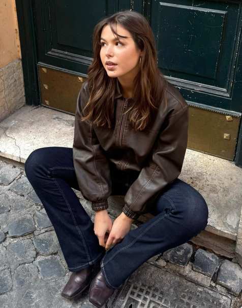 Bershka faux leather oversized jacket in brown
