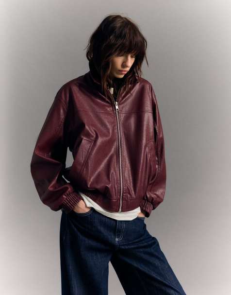 Bershka faux leather oversized jacket in burgundy - view 1