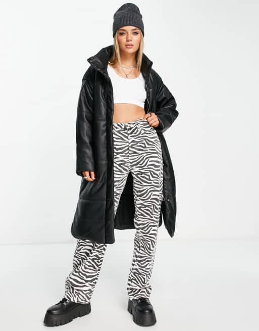 Bershka faux leather padded long line puffer coat in black