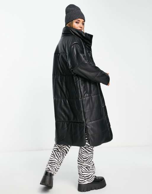 Bershka faux leather padded long line puffer coat in black