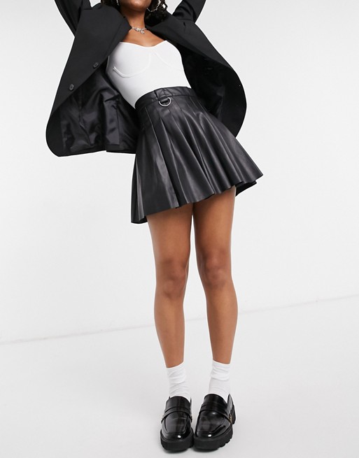Bershka faux leather pleated mini tennis skirt in black
