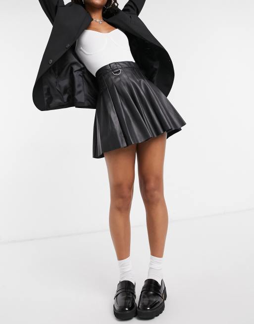 Ultra-short black shop leather pleated skirt