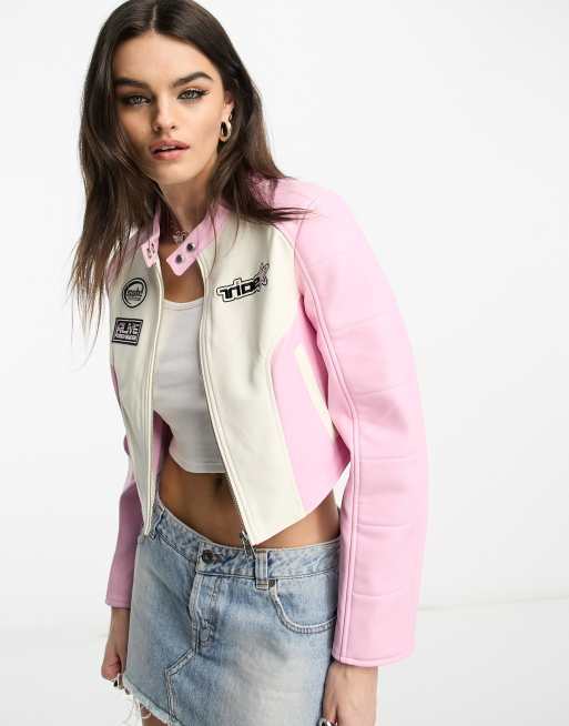 Bershka faux leather motocross jacket in light gray, ASOS