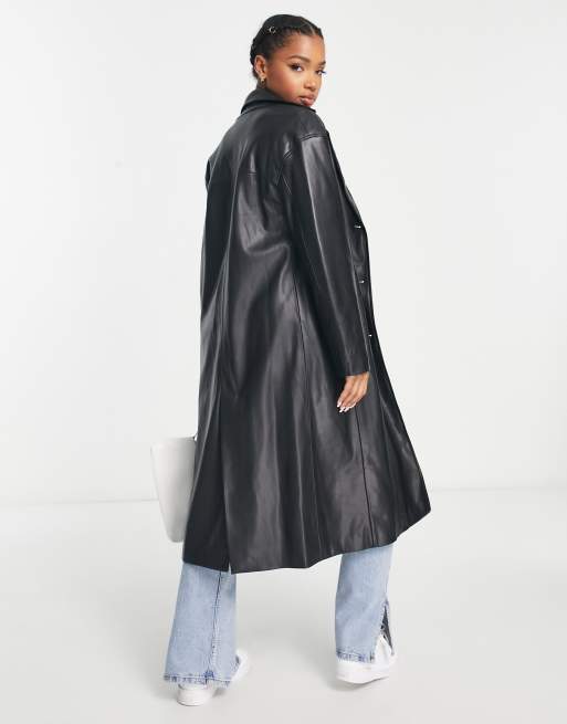 Bershka faux leather seam detail tailored coat in black, 2 of 4