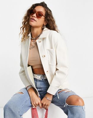 Bershka faux leather shacket in bright white