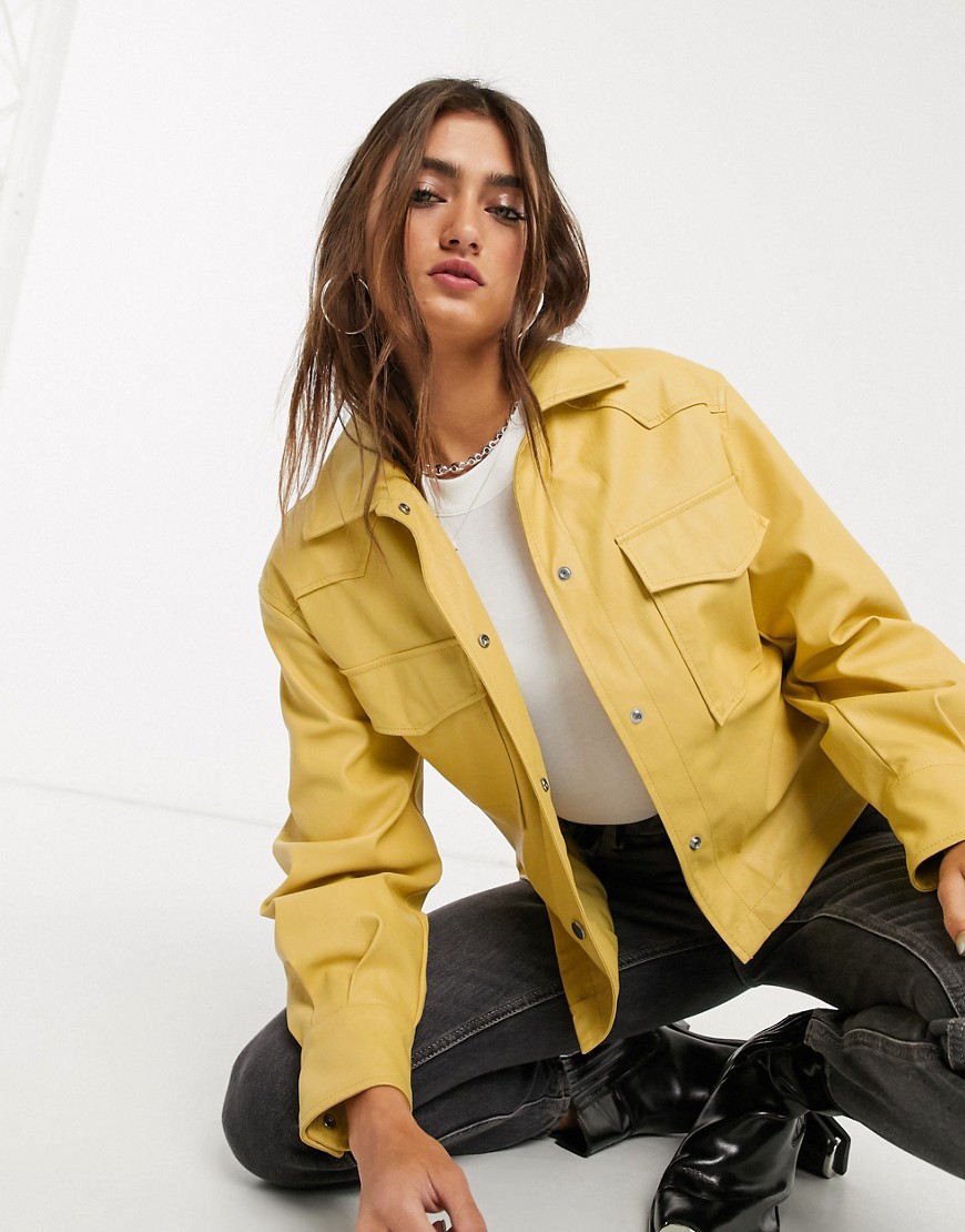Bershka faux leather shacket with removable tie waist in mustard-Yellow