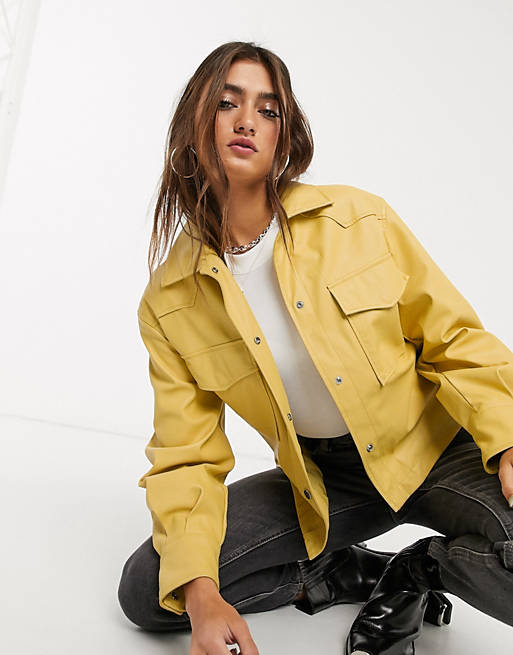 Bershka faux leather shacket with removable tie waist in mustard