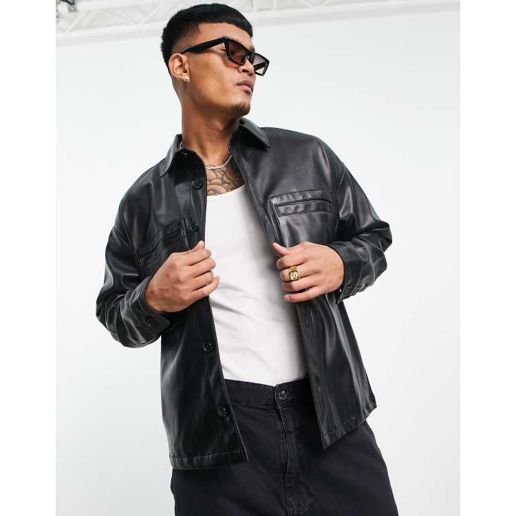 Bershka faux leather shirt in black