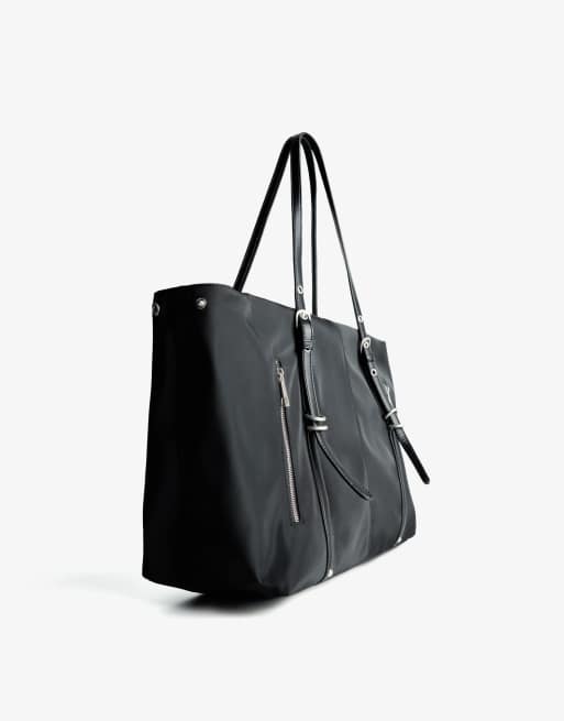 Bershka Faux leather shopper bag in black, 4 of 4