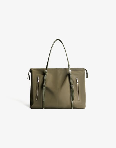 Bershka Faux leather shopper bag in khaki - view 1