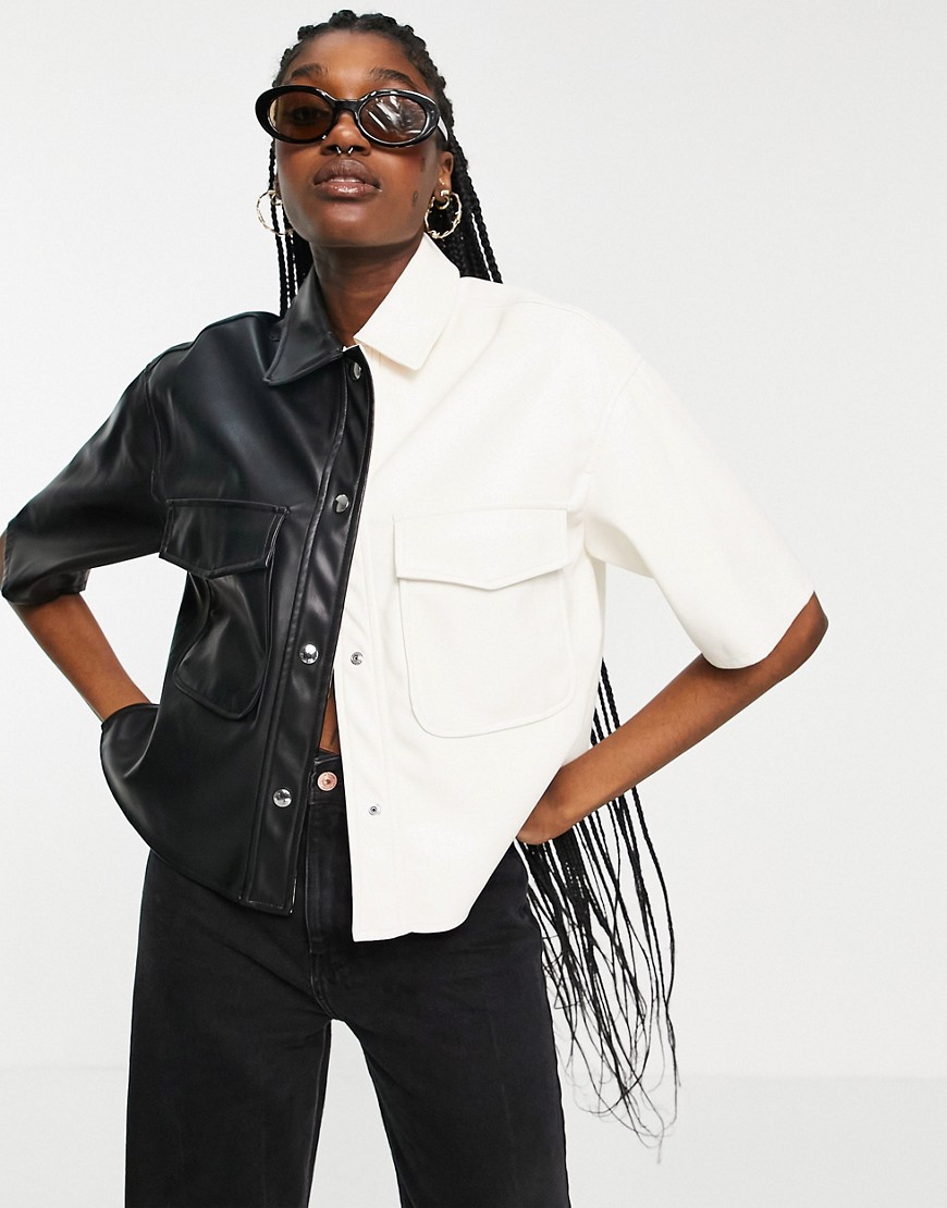 Bershka faux leather short sleeve split color block shirt in mono - part of a set-Multi