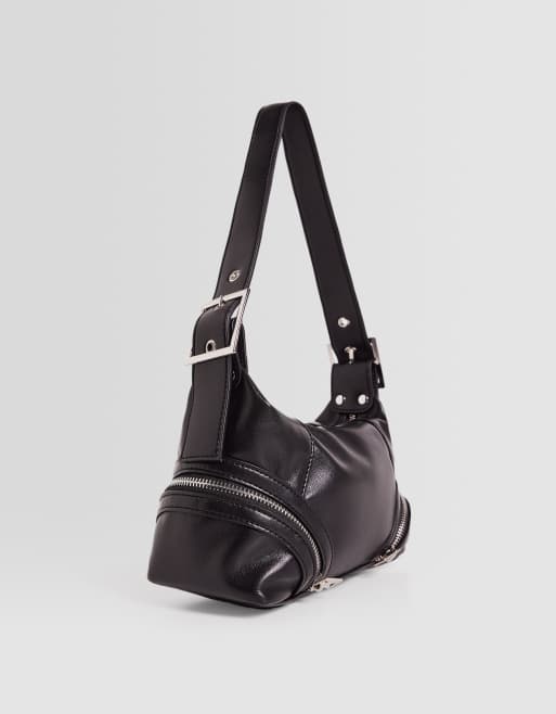 Bershka faux leather shoulder bag with zipper detail in black