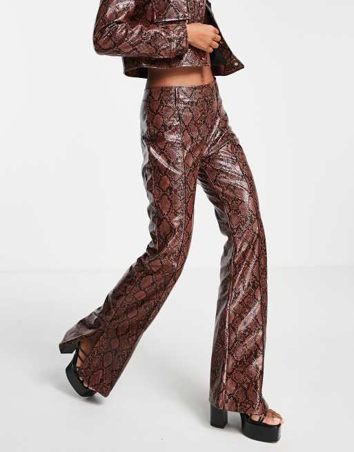 Bershka faux leather snake effect flare pants in brown (part of a set)