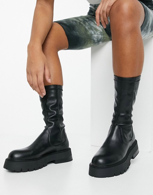Bershka faux leather sock boot with chunky sole in black
