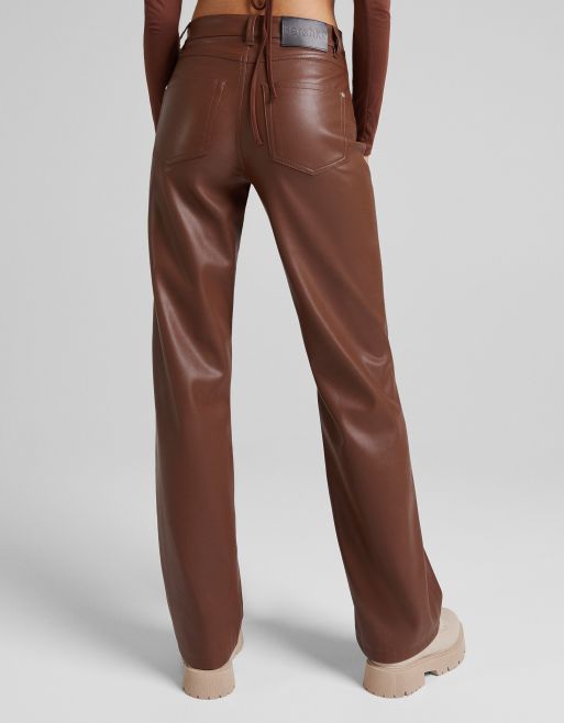 Bershka faux leather straight leg pant in brown