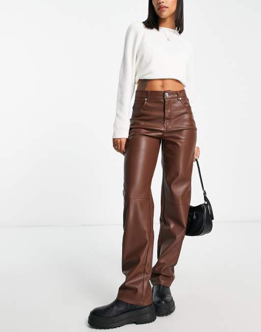 Bershka faux leather straight leg pants in brown