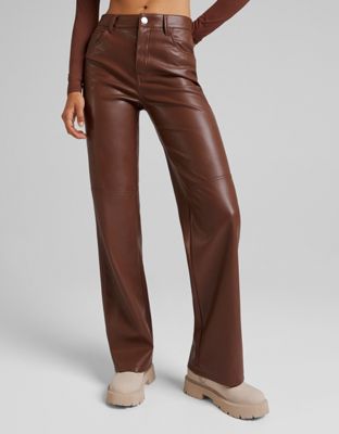 Bershka faux leather straight leg trouser in brown
