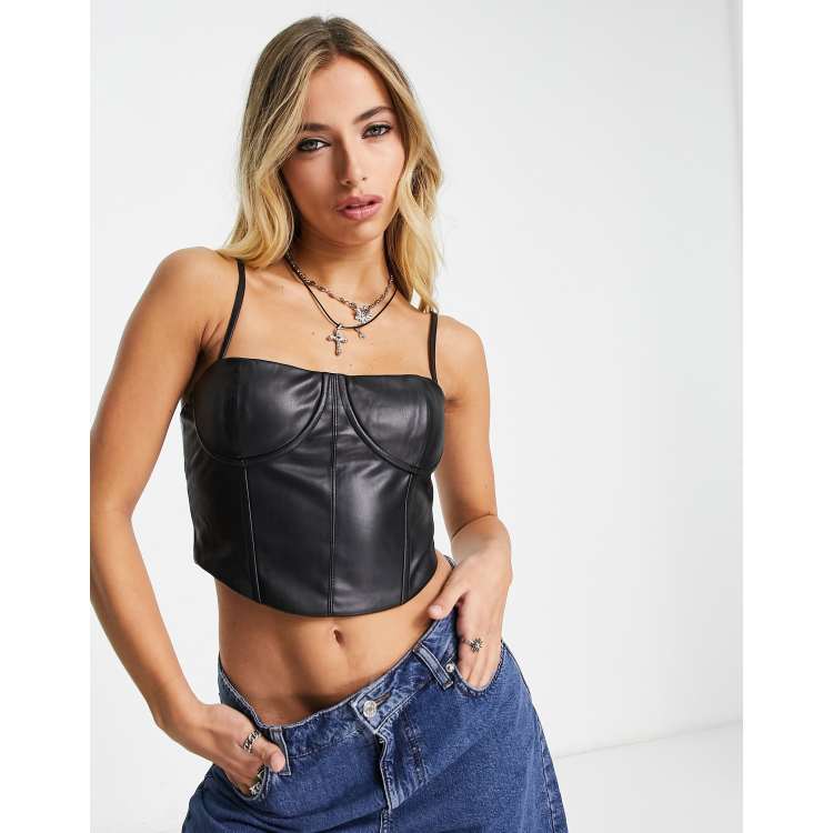 Black Washed Faux Leather Boned Corset Crop Top