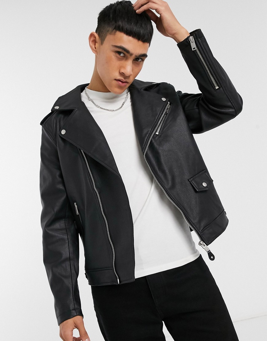 Bershka faux leather textured jacket in black