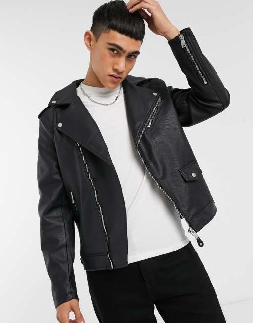 Bershka faux leather textured jacket in black | ASOS