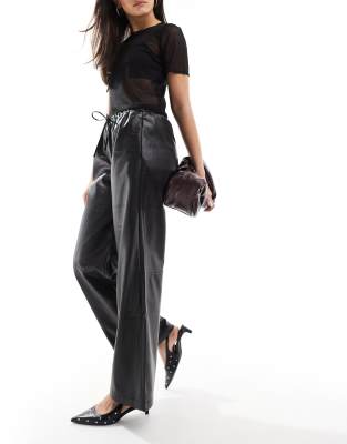 Bershka faux leather tie waist wide leg pants in black