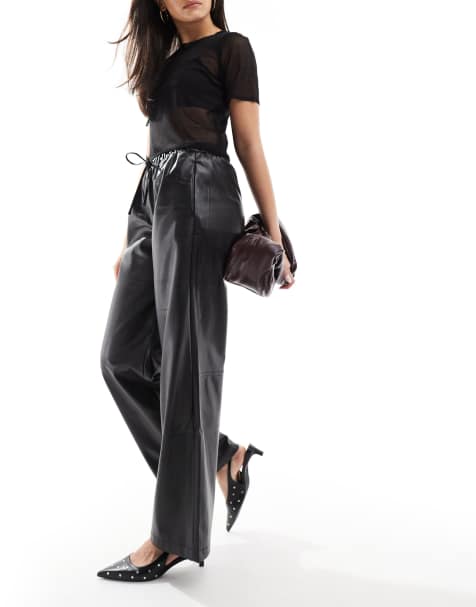 Bershka faux leather tie waist wide leg trousers in black - view 1