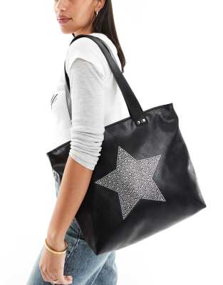 Bershka faux leather tote with star embelishment in black