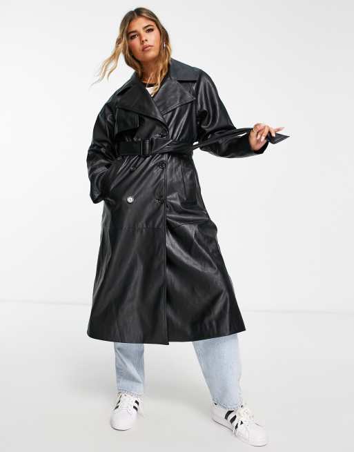 BERSHKA BLACK FAUX Leather Belted Borg Croc Patent Vinyl Trench