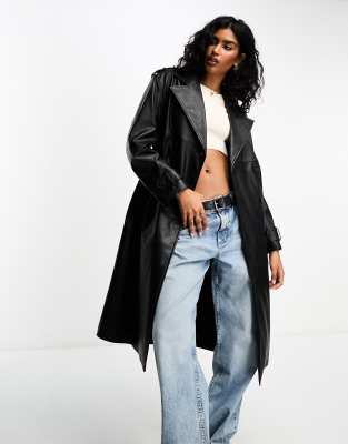 Bershka Faux Leather Trench Coat In Black