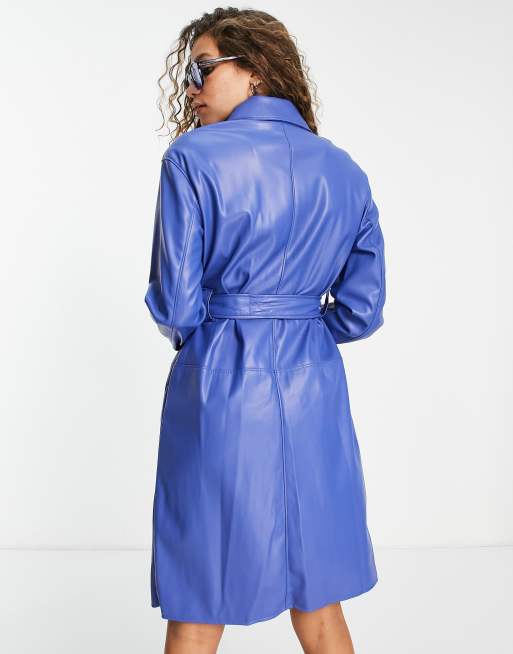 bershka outerwear コート Bershka faux leather trench coat in bright blue | ASOS