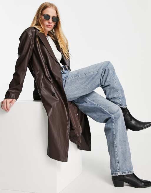 Bershka faux leather trench coat in brown