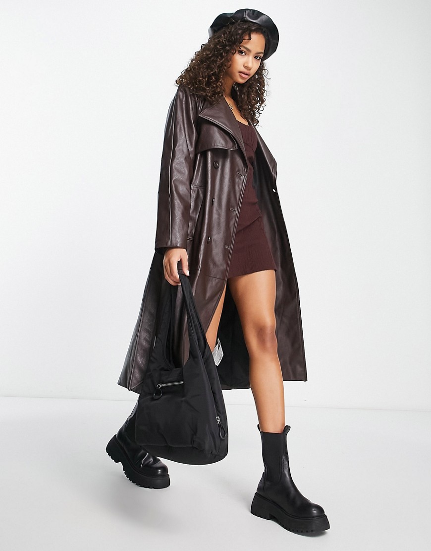 Bershka faux leather trench coat in brown